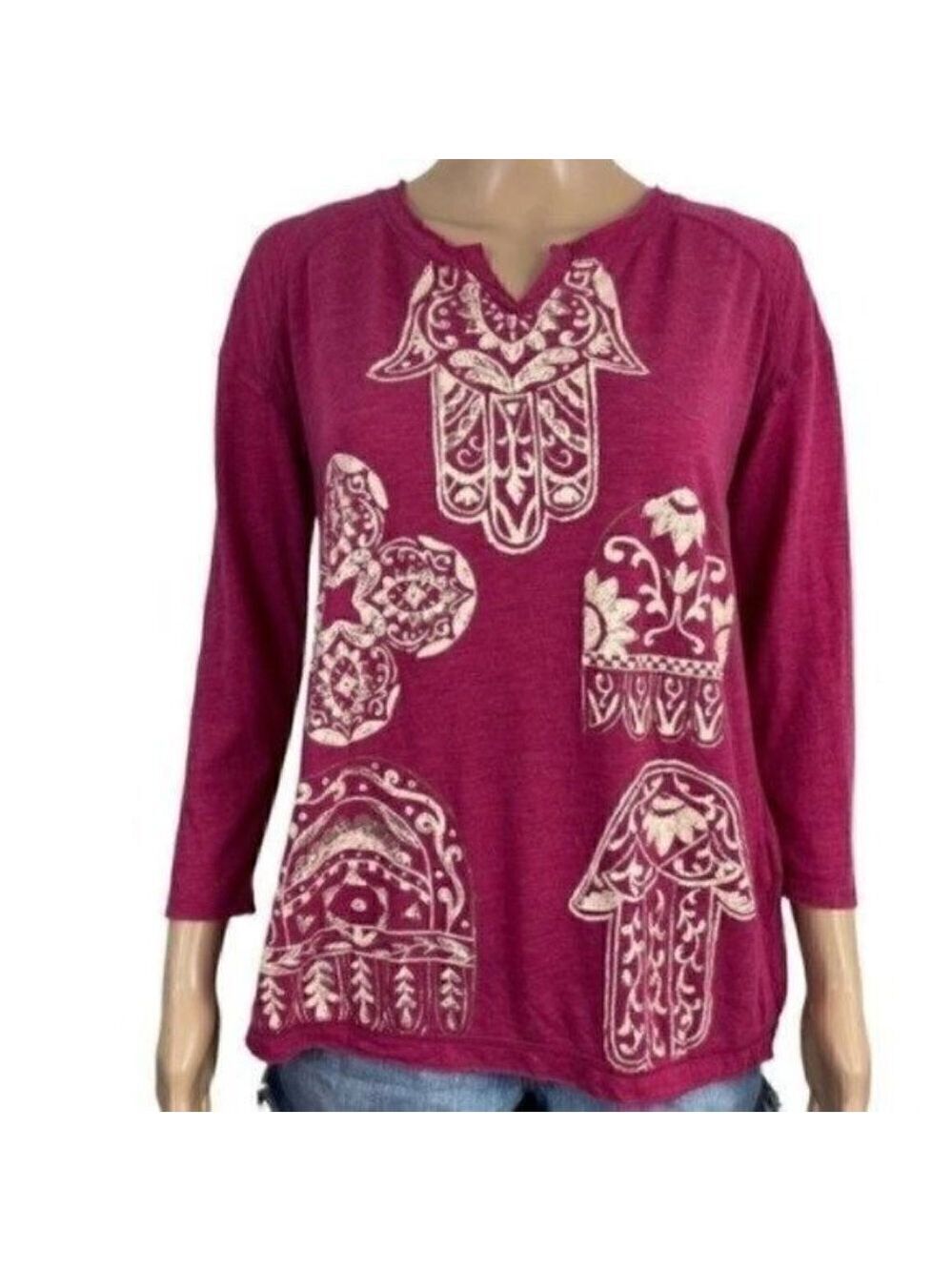 LUCKY Lotus Hamsa magenta distressed 3/4 sleeve  shirt size medium v-neck